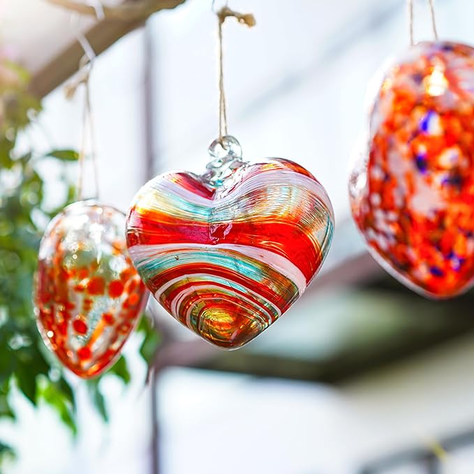 4inch Hand Blown Glass Red Heart Ornaments Hanging Friendship Hearts for Patio Garden Outdoor Decor Unique Gift for Mom