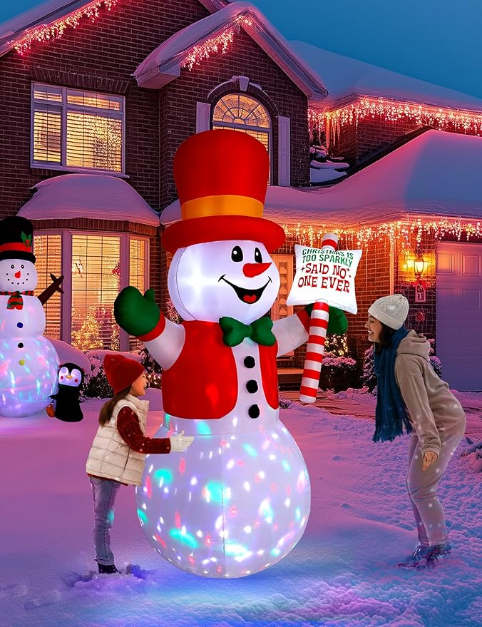 8ft Christmas Inflatable Outdoor Decoration Snowman, Gentleman Snowman Holding Sign Welcoming Guest, Built-in Rotating Disco Light, Blow Up Outside Decor for Xmas Holiday Lawn Yard Garden