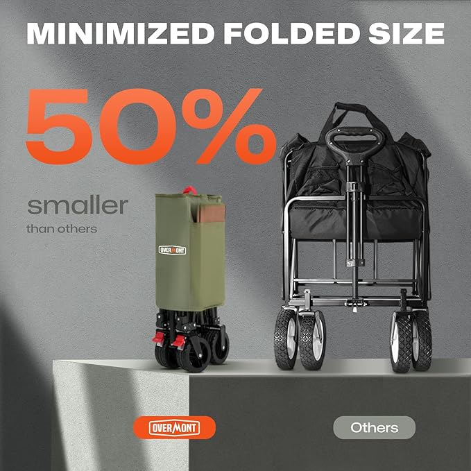 Overmont Collapsible Wagon Cart with Wheels - 180L Foldable Heavy Duty Wagon with Big All-Terrain Wheels - 330Lbs Weight Capacity with Side Pockets for Camping Sports Garden Grocery Shopping Green