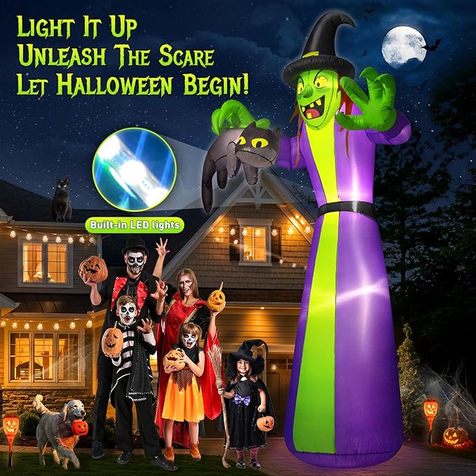 12FT Giant Halloween Inflatables Witch Outdoor Decorations, Huge Halloween Blow Up Spooky Witch Grabbing Black Cat Yard Decoration Built-in LEDs & Strong Blower Large Tall for Lawn Party