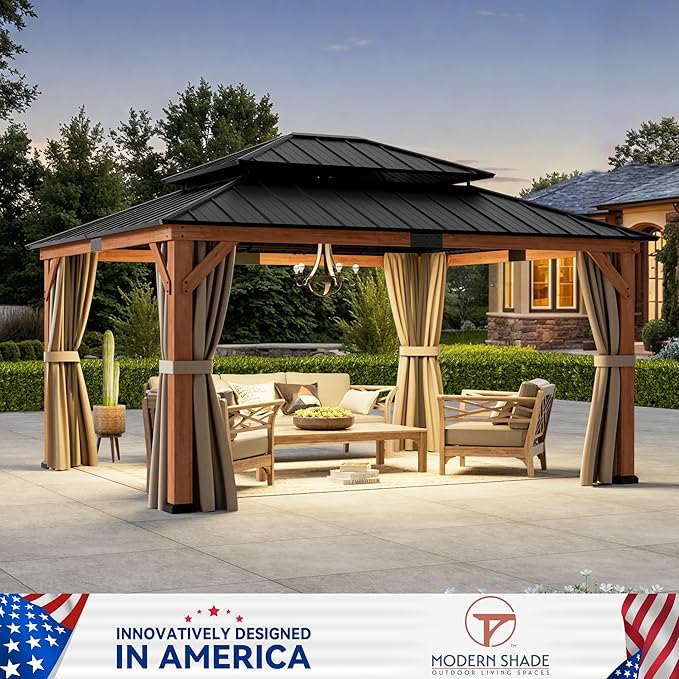 Modern Shade Rosewood Wood Gazebo 13' x 15', Cedar Framed Grill Gazebo with Double Galvanized Steel Roof, Mosquito Netting and Curtains, Permanent Hardtop with Sturdy Hooks for Garden, Backyard, Patio