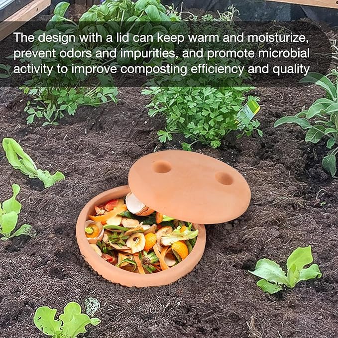 Underground Worm Farm 10 * 4.13 * 4.13Inch Garden Composting bin Ceramics Outdoor Gardening Compost Bin with Holes and Lid Clay for Vegetable Backyard Compost Bin Outdoor