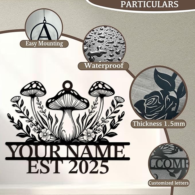 Personalized Customize Name Fantasy Mushroom Wonderland Wind Chime, Metal Iron 37 Inch Outdoor Memorial Gift for Garden Yard Patio Home Decor, Black (Style A)