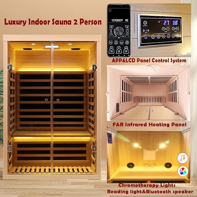Hemlock 2 Person Infrared Sauna for Home, 1820W/120V, Ultra-Low EMF (0-5mG) Full Spectrum Far Infrared Sauna with APP Control, Bluetooth Speaker & Chromotherapy Light, Indoor Home Saunas Room