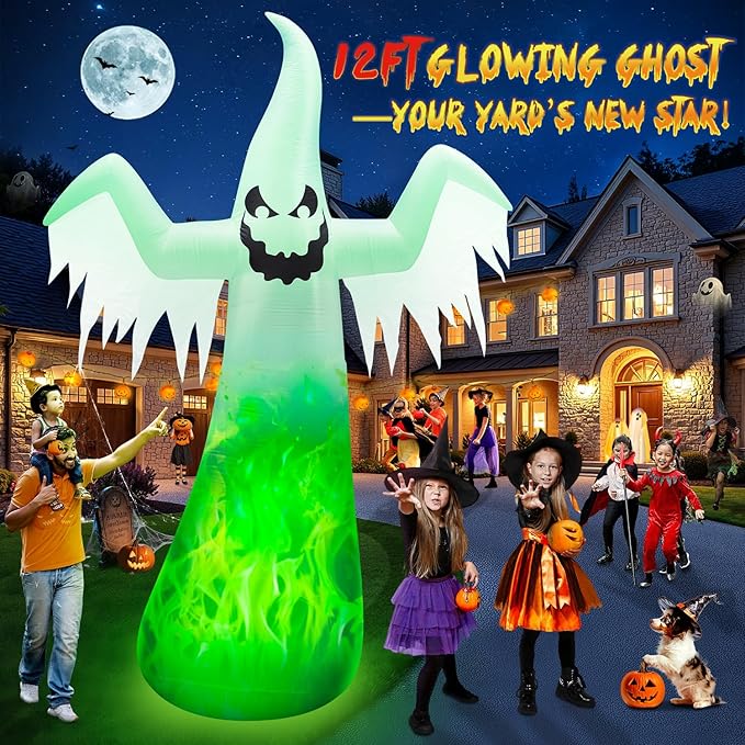 12FT Giant Halloween Inflatables Ghost Built-in 3-Color Changing Rotating Flame LEDs, Huge Halloween Decorations Outdoor Spooky Blow Up Yard Decoration Large Scary Blowups for Festival Lawn(1PCS)