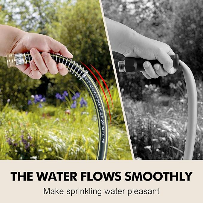 Rubber Garden Water Hose 50ft, 5/8" Leak Proof Garden Hose with Brass Connector, Flexible Hose Pipe for Lawn, Watering Cleaning & Washing