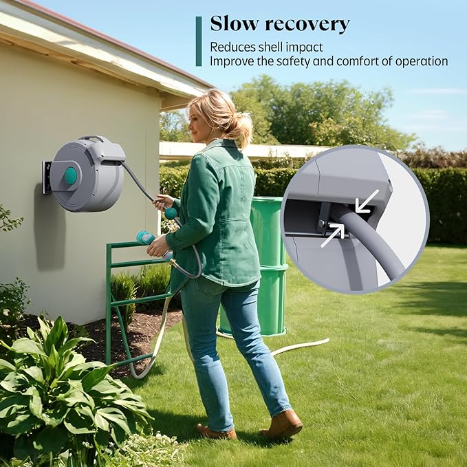 100 ft x 1/2" Retractable Garden Hose Reel | All-weather Water Hose Reel Wall Mounted | Any Length Lock & 180°Swivel, Water Hose with 10-Function Nozzle for Cleaning, Watering (Green)