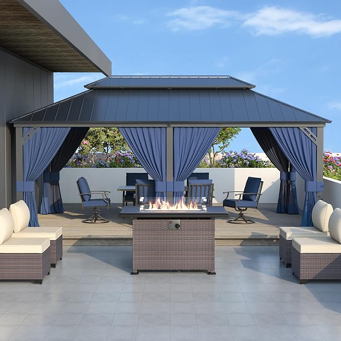 12' x 20' Hardtop Gazebo,Outdoor Galvanized Steel Metal Double Roof Gazebo with Curtains and Netting for Patios, Gardens, Lawns,Navy Blue
