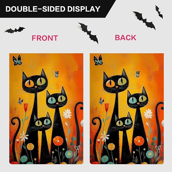 Black Cat Garden Flag Halloween Garden Flag Seasonal Vertical Double Sided Rustic Farmland Burlap Yard Lawn Outdoor Decor 12.5x18"
