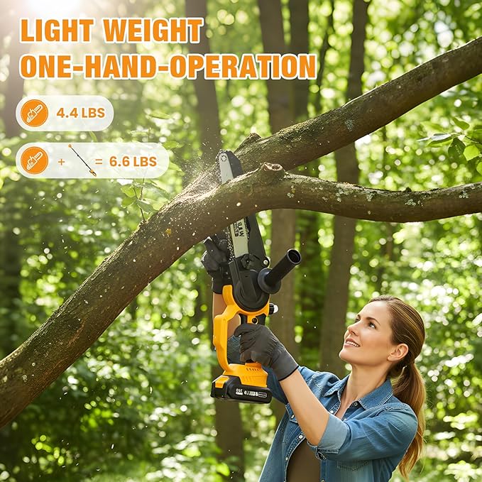 2-in-1 Electric Pole Saw, 6” & 8” Brushless Mini Chainsaw Cordless with Extension Pole & 2 x 21V Batteries, Tree Trimmer Tool for Branch Cutting & Pruning, Home & Garden & DIY