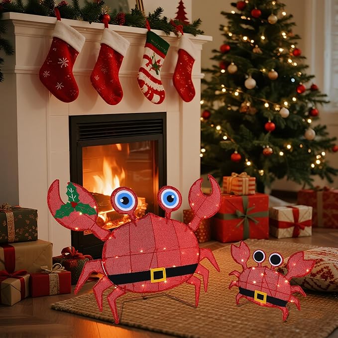 Prsildan Outdoor Christmas Decorations - Set of 2 LED Lighted Crab Yard Decor, 2D Battery Operated Holiday Lawn Figures for Porch, Garden, Home, Xmas Party Decor (Red)