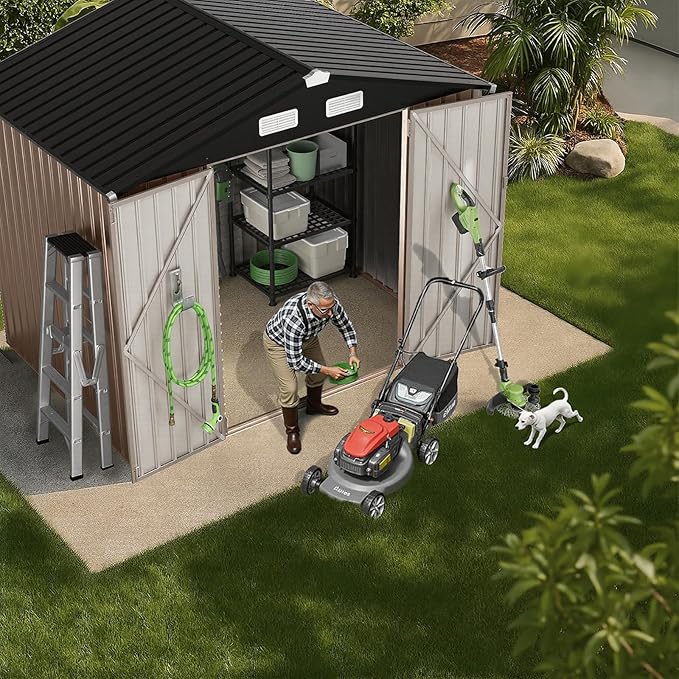 GVDV 8x6 FT Outdoor Metal Storage Shed with Floor, 7.3x5.3 FT Base Durable Garden Shed with Updated Frame Structure for Backyard, Patio, Tool Storage, All-Weather Shelter for Bike, Gardening Tools
