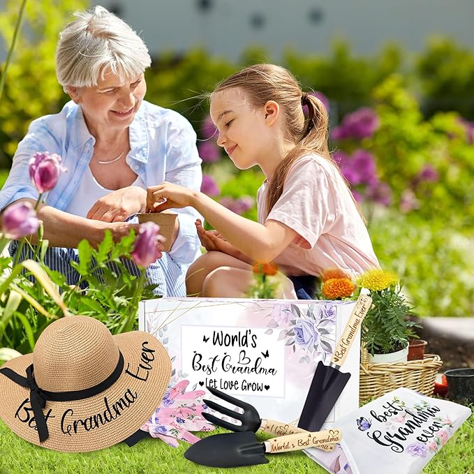 Grandma Gifts for Mothers Day, Gardening Tools Kit with Gloves Apron and Hat, Best Grandma Ever Gifts for Plant Lover, Gardening Gifts Set for Christmas, Grandma Gifts from Grandkids Grandchildren
