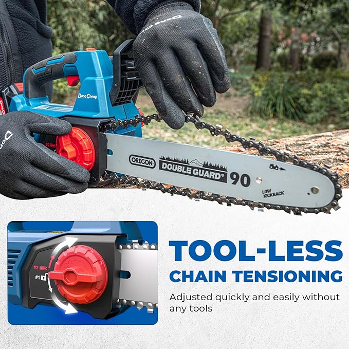 Dong Cheng 12 Inch Brushless Cordless Chainsaw, 20V Battery Powered with 4000mAh Battery, 12m/s Chain Speed, Tool-Free Tensioning, Auto Oiler & Chain Brake for Wood Cutting & Tree Trimming