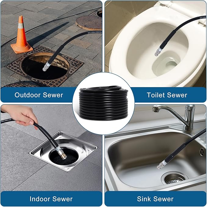 100FT Sewer Jetter Kit for Pressure Washer, 5800PSI Drain Cleaner Hose 1/4 Inch NPT Corner with 4 Sewer Jetting Nozzles，Waterproof Tape，Pearl Corsage Pin，Handle Strap & 2 Spanners (Black)