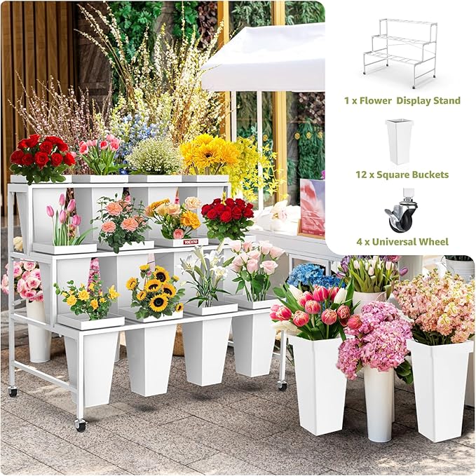 Flower Display Stand 3 Layers with 12 PCS Round Buckets, Plant Stand with Wheels, Movable Metal Plant Stand for Terrace Garden, Living Room, Florist Shop