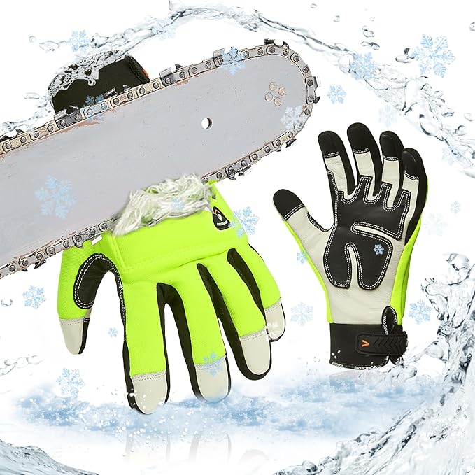 Vgo... 1Pair Chainsaw Winter Gloves,12-Layer Chainsaw Protection on Both Hands Back,Safety Cow Leather Work Gloves,Mechanic Gloves(Size XL,Hi-Viz Green,CA9760FLWP)