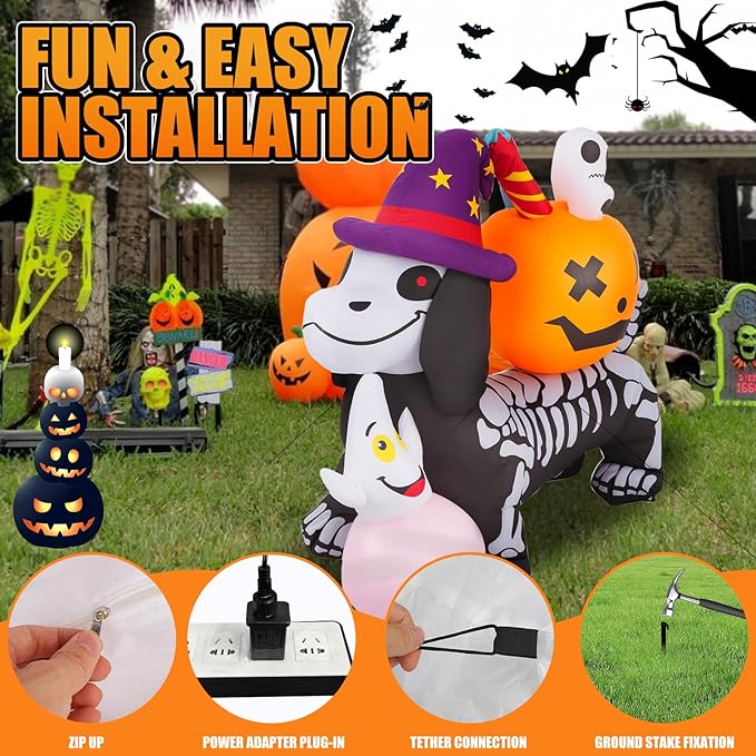 Halloween Inflatable Pumpkins & Skeleton Dog Decorations, 5FT Halloween Inflatable Outdoor Decorations, Blow up LED Lights Lighted Yard Decorations, Lawn Inflatables Home Family Outside Holiday Decor