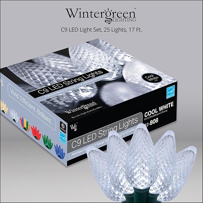 C9 LED Faceted Cool White Prelamped Light Set, Green Wire - 25 C9 Cool White LED Christmas Lights, 8" Spacing