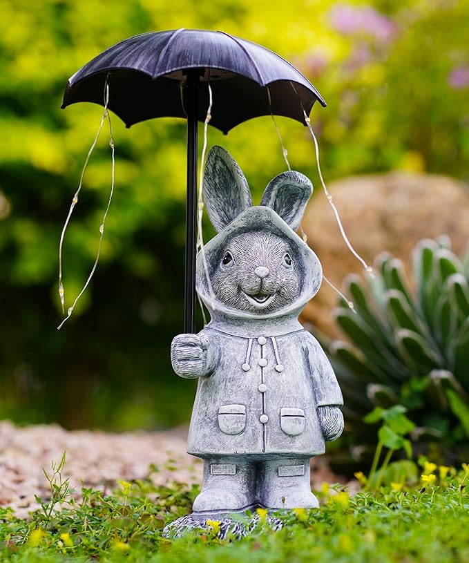 Solar Rabbit Garden Statue Outdoor Decor, Bunny Figurines Lights with Umbrella for Outside Yard Lawn Ornaments,Gifts for Mother's Day Birthday Easter Housewarming(Grey)