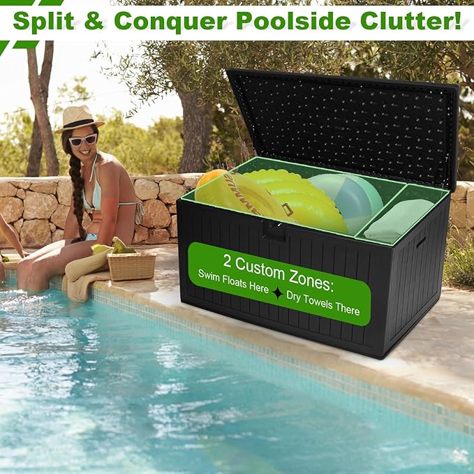 230 Gallon Outdoor Storage Box Waterproof, Extra Large Plastic Outside Deck Box Weatherproof, Resin Patio Storage Bin with Lock and Lids for Cushion, Black