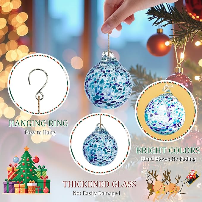 Hand Blown Glass Gazing Balls for Garden Hanging Friendship Balls Christmas Ball Ornaments for Xmas Tree Decoration (Blue - A)