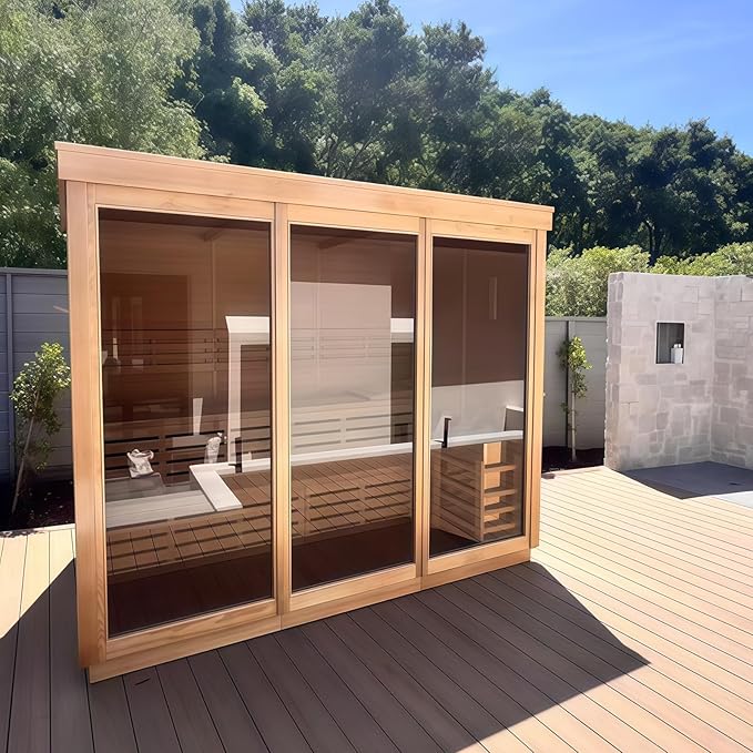 Customize Wood Burning Sauna 3-8 Person, Outdoor Red Cedar Steam Saunas, ETL Harvia Heater, Glass Wall Saunas, 220V, Rectangle Sauna Room with Backrest Headrest, Waterproofing System(0-195℉)