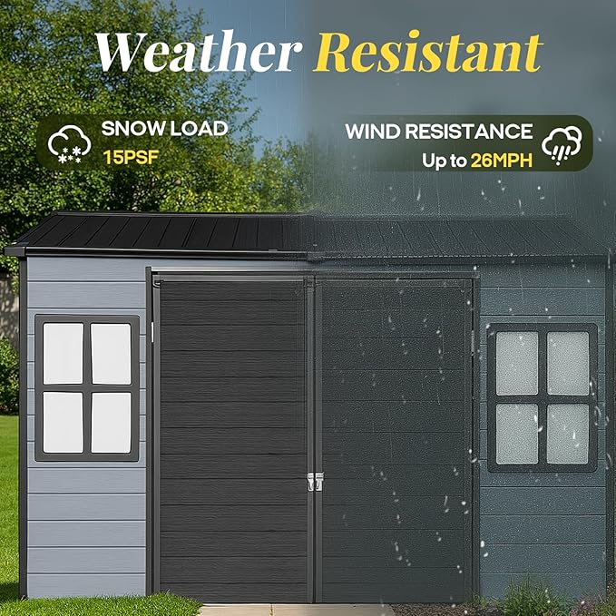 8x6 FT Resin Storage Sheds Outdoor with Floor Included, Plastic Sheds & Outdoor Storage Clearance with 2 Windows and Lockable Door, Backyard Storage Sheds for Garden Tools, Bike, Black+Grey