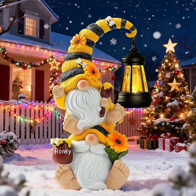 Solar Bee Garden Gnomes with LED Lantern – Waterproof Stacked Outdoor Decor for Yard, Patio – Unique Gnome Gift for Women, Mom, Grandma (Christmas Decor, Outdoor Statues)