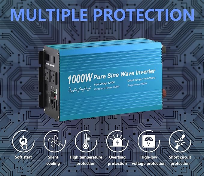 Pure Sine Wave Power Inverter 1000W DC12V to AC 110V with Dual sockets and USB, LCD Remote kit. (1000W)