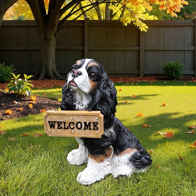 Cavalier King Charles Spaniel Outdoor Dog Statue with Reversible “Welcome/ON Patrol” Hanging Plaque and Solar Porch Lantern, Black & White Sitting