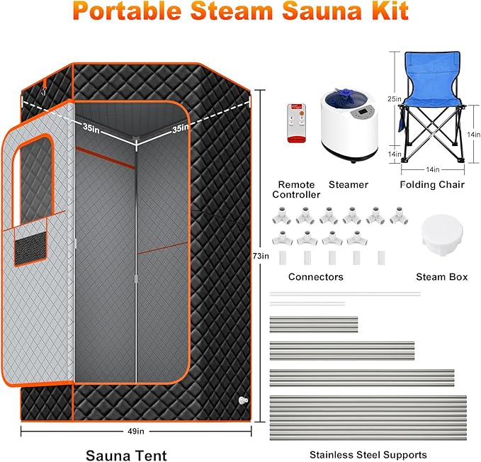 iTHERAU XL Sauna Box, Portable Sauna for Home, Steam Sauna Tent Full Body Personal Sauna Room with 3L 1200w Steamer, Upgrade Materials, Remote Control, 9 Levels Heat, 90 Mins Timer, Chair