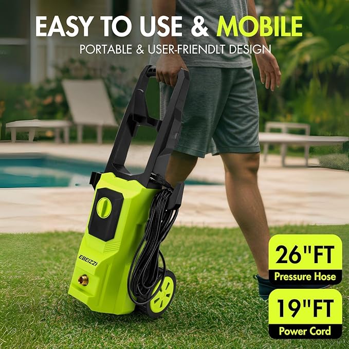 Pressure Washer Cleaner with 4 Nozzles & Foam Cannon for Driveways, Cars, Fences, Decks, Patios, and Outdoor Cleaning (Green)