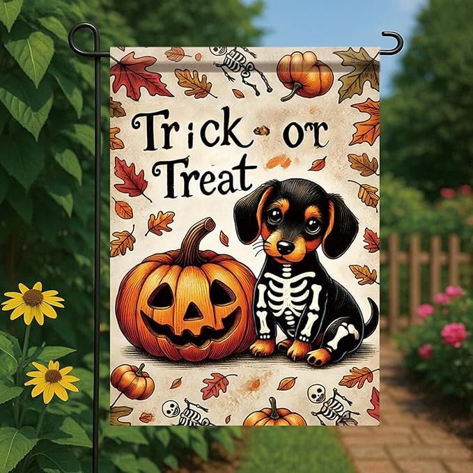 Halloween Garden Flag Beagle Trick or Treat Flag 12x18 Inches Double Sided Pumpkin Yard Banner for Outdoor Fall Lawn Porch Holiday Decoration Cute Pet Autumn Seasonal House Decor