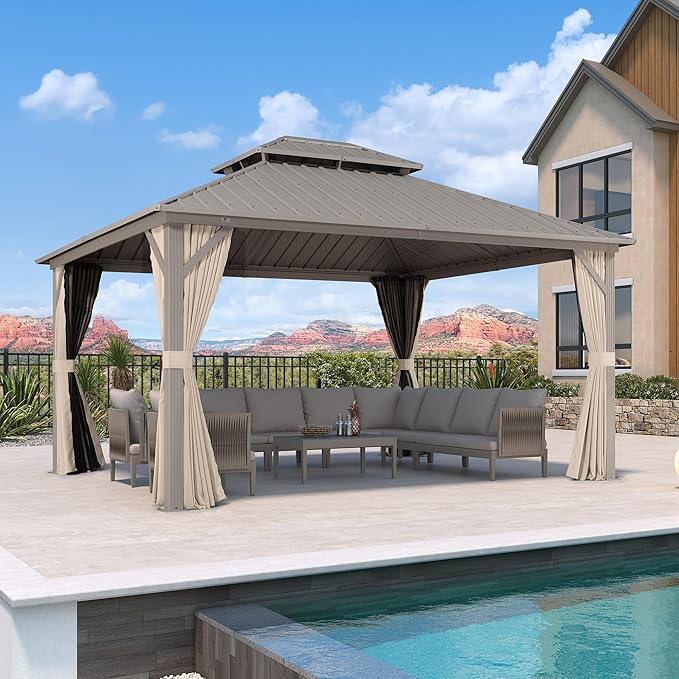 PURPLE LEAF 12' x 14' Outdoor Hardtop Gazebo, Champagne Aluminum Gazebo with Galvanized Steel Double Roof, Curtains and Netting for Patio Lawn and Garden