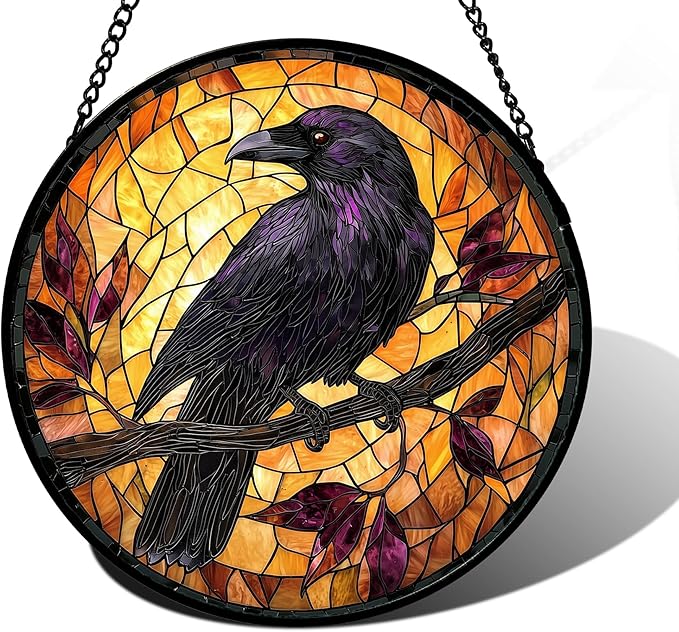 Stained Glass Window Hanging - Crow on a Branch Suncatcher Ready to Hang Window Doors Home Decoration and Christmas, Mother's Day Birthday Gifts for Women, Men, and Mom 7.8x7.8 in