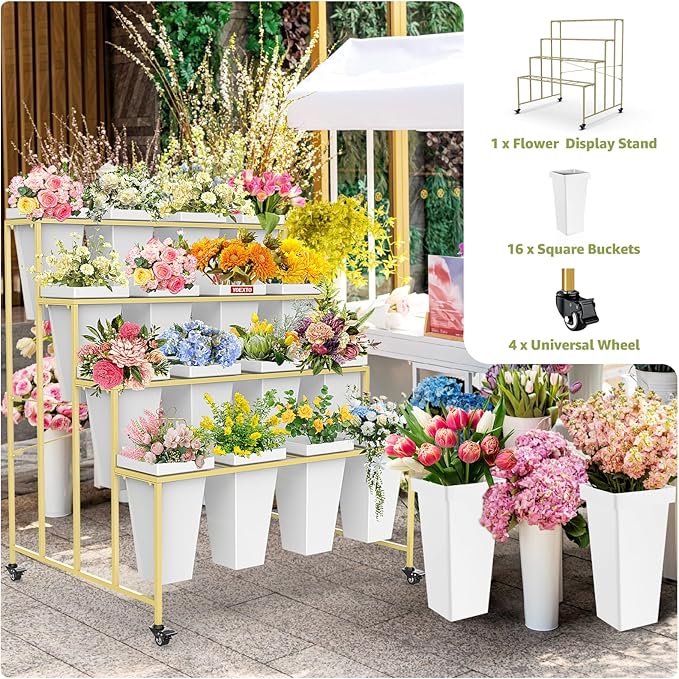 Flower Display Stand 4 Layers with 16 PCS Square Buckets, Plant Stand with Wheels, Movable Metal Plant Stand for Terrace Garden, Living Room, Florist Shop