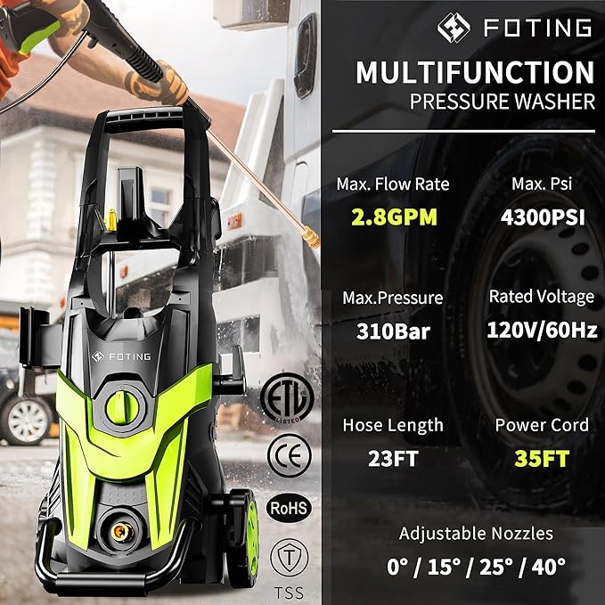 2025Upgraded Pressure Washer 4300PSI with 4 Quick Connect Nozzles, Inlet Hose & Filter& Foam Cannon for Cars/Fences/Driveways/Home Cleaning, Green