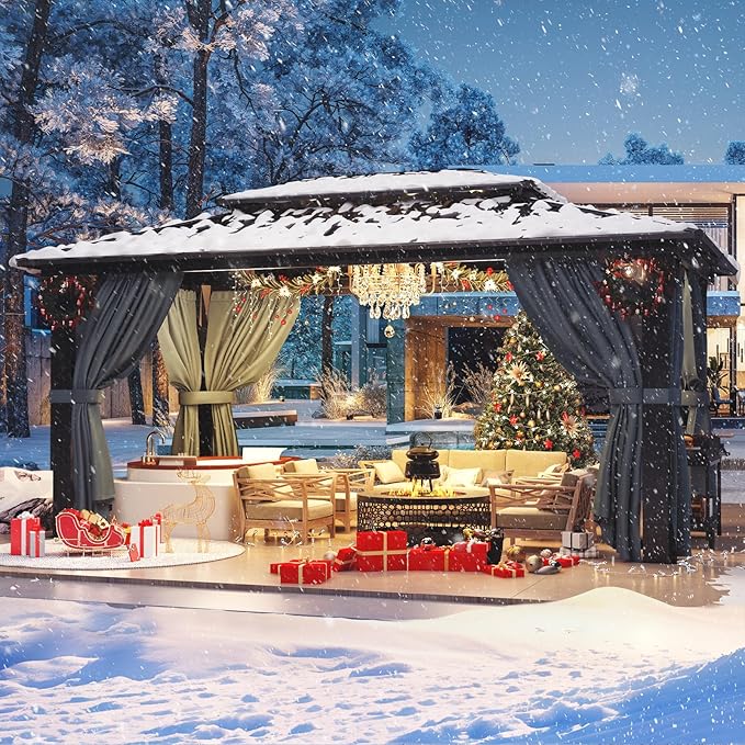 HOTEEL 10x15 Hardtop Gazebo with Flame-Retardant Curtain & Netting, Hot Tub Gazebo with Galvanized Steel Double Roof, Heavy Duty Permanent Pavilion Outdoor for Patio, Frame Thickened, Brown(Upgraded)