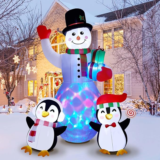 8FT Outdoor Inflatable Christmas Snowman Penguin Xmas Blow Up Decor with LED Lights