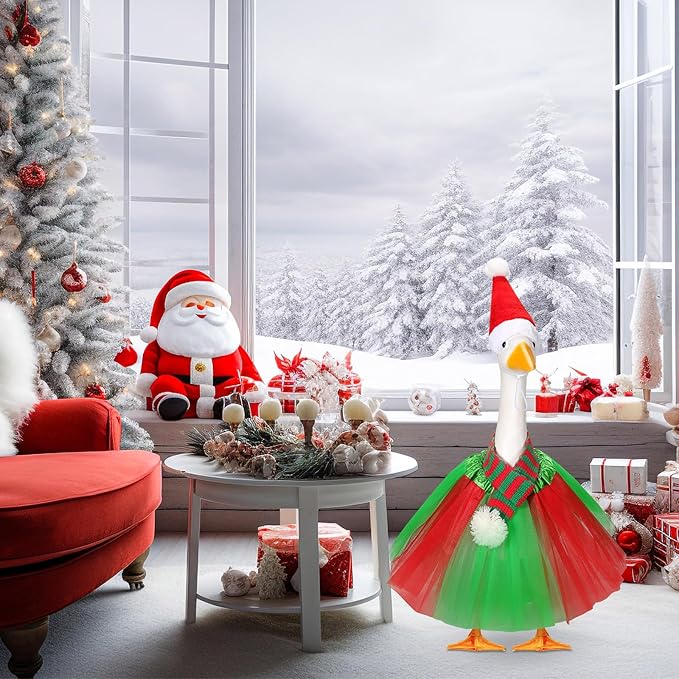 3 Pcs Christmas Porch Goose Outfit for 23'' Lawn Porch Goose Statue Clothes Santa Hat Tutu Costume for Xmas Yard Lawn