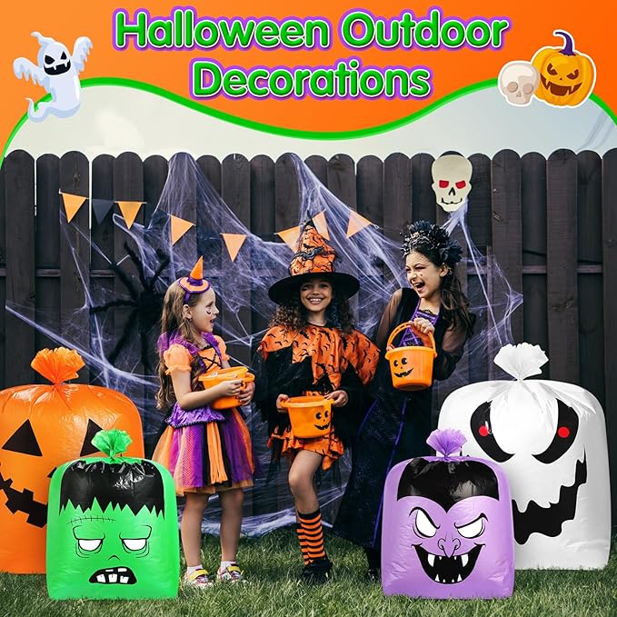 Qilery 6 Pcs Halloween Leaf Lawn Bags Plastic Pumpkin Trash Bags for Leaves with Twist Ties for Halloween Yard Garden Outdoor Party Favors Decorations