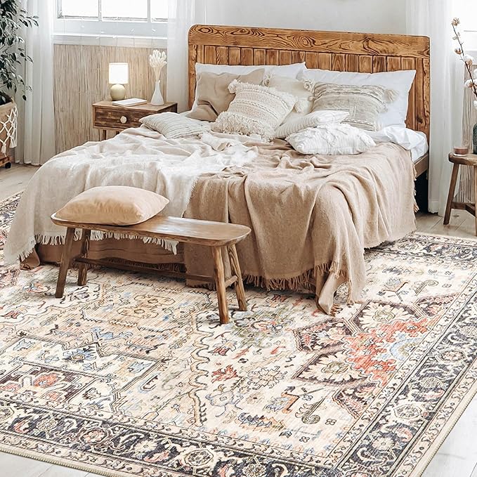 10x14 Area Rugs for Living Room - Large Carpet Ultra Thin Soft Washable Oriental Vintage Floral Distressed Rug Big Indoor Carpets for Bedroom Nursery Dorm Home Decor Aesthetic - Multi