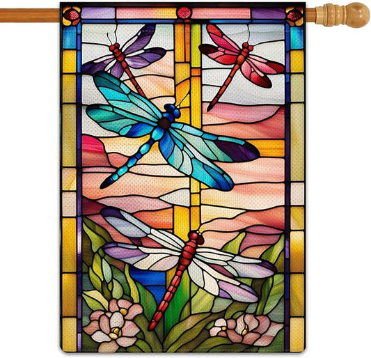Spring Summer Dragonfly Garden Flag Stained Glass Style Flowers Garden Flag Vertical Double Sided Rustic Farmland Burlap Yard Lawn Outdoor Decor 28x40"
