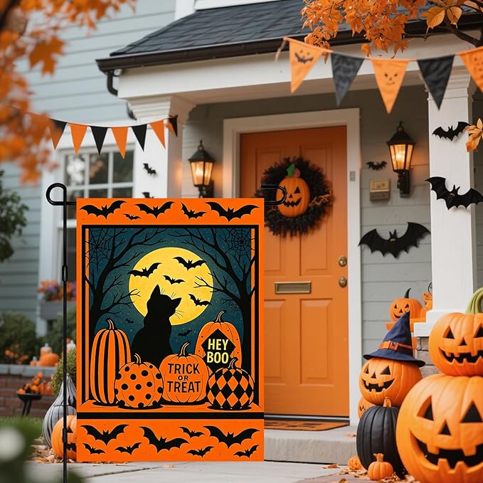 IVN Happy Halloween Garden Flag 12x18 Inch Double Sided Black Cat Pumpkin Bat Moon Trick or Treat Hey Boo Outdoor Yard Flag for Outside Front Door Lawn Porch Patio Welcome Decor