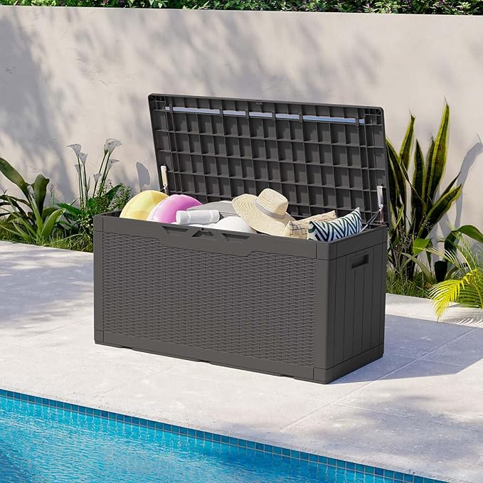 Patiolife 100 Gallon Resin Deck Box with Cushion, Large Outdoor Storage Box for Garden Tools, Pool Supplies, Waterproof and Lockable, Black