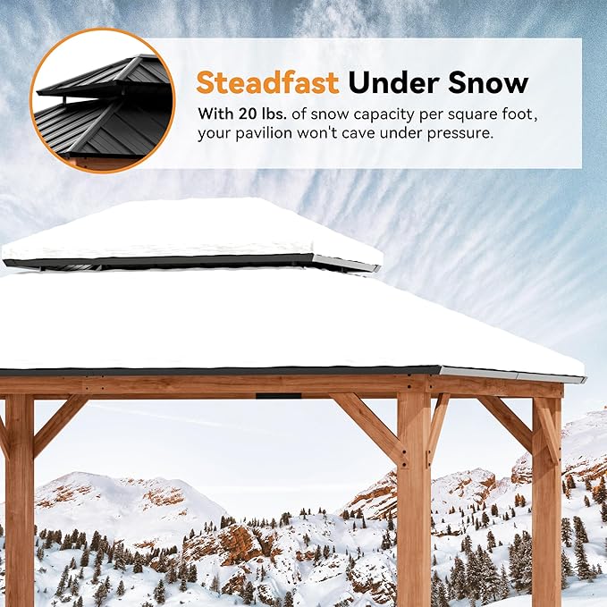 Modern Shade Rosewood Wood Gazebo 10' x 12', Cedar Framed Grill Gazebo with Double Galvanized Steel Roof, Mosquito Netting and Curtains, Permanent Hardtop with Sturdy Hooks for Garden, Backyard, Patio