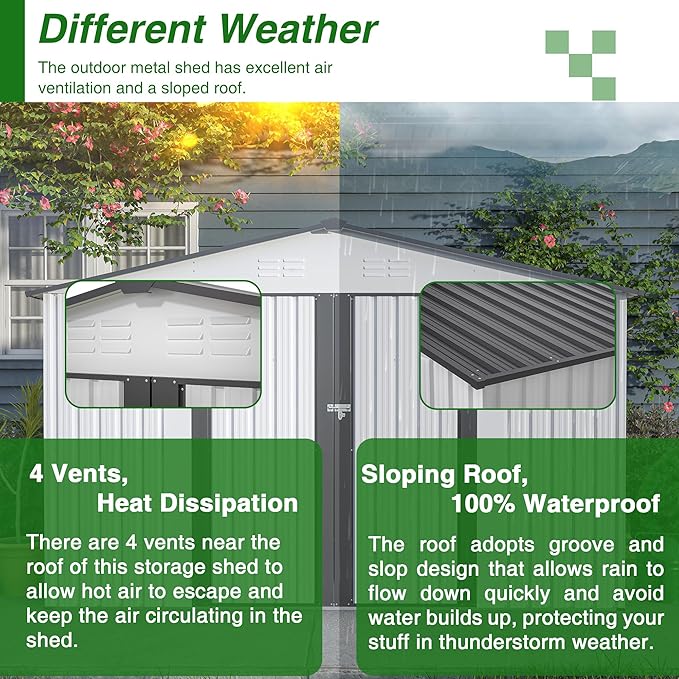 10X8 FT Outdoor Storage Shed, All Weather Metal Sheds with Lockable Doors, Tool Shed for Garden, Patio, Backyard, Lawn, White