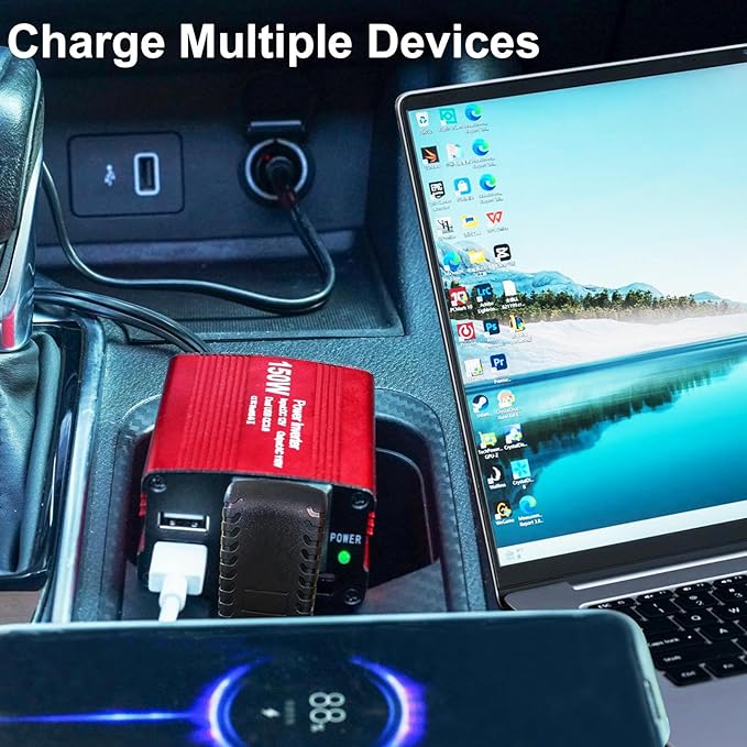 150W Power Inverter 12V DC to 110V AC Car Laptop Charger Fast Charger Converter with 2 USB Ports Car Laptop Charger, Car Adapter for Plug Outlet