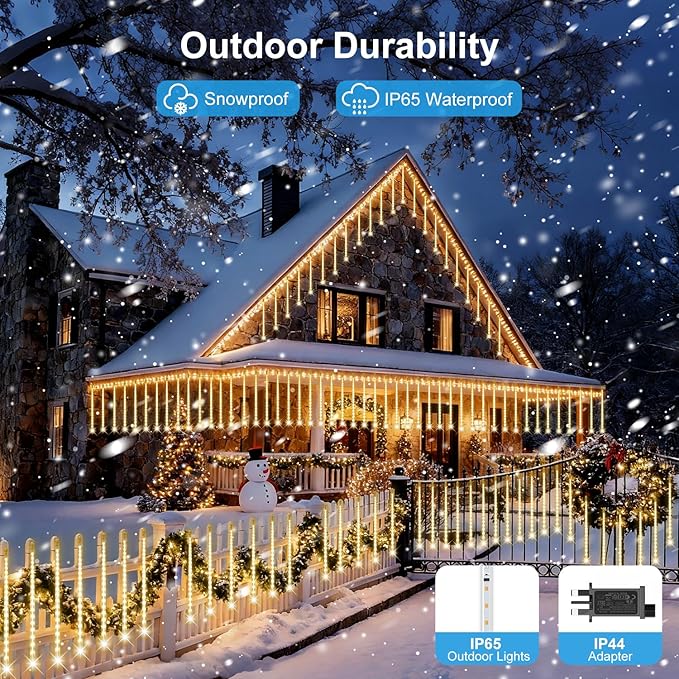PEMOTech Christmas Lights Outdoor, 16 Tubes 40cm 576 Led Meteor Shower Lights, Waterproof Christmas Decorations Icicle Light for Xmas Tree Halloween Party, Ul Plug,Warm White
